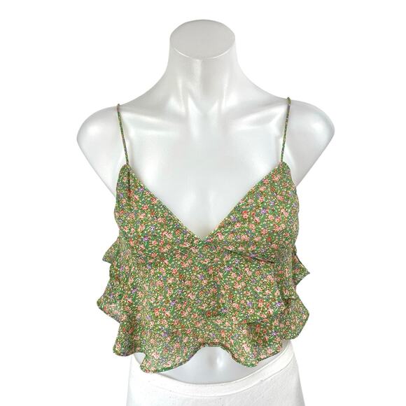 Dress Forum Green Floral Sleeveless Tiered Ruffle Cami Tank Crop Top Size S - Picture 1 of 4